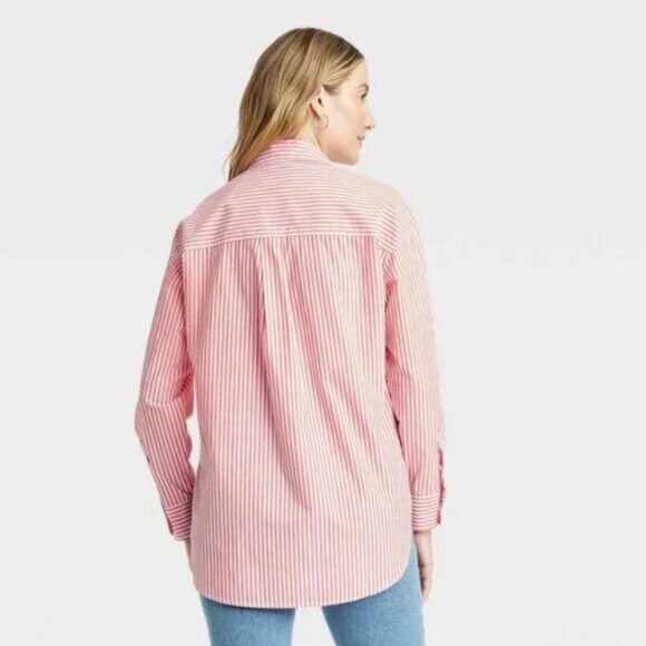 Oversized Long Sleeve Collared Button-Down Shirt - Universal Thread Red XS - Picture 2 of 3